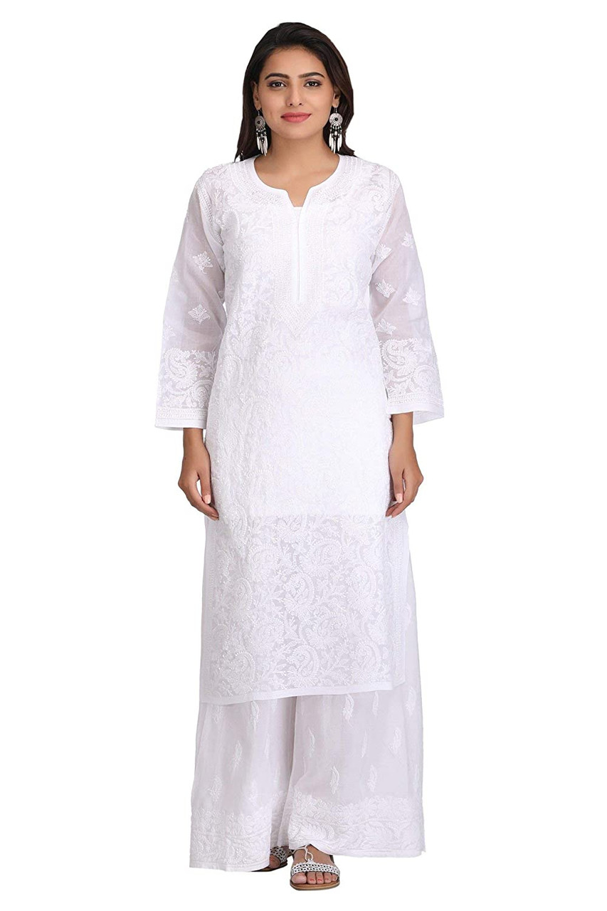 PESAS Lucknowi Chikan Hand Embroidered Short Casual White Kurti for Women